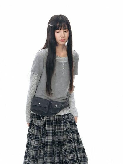 NAPSNAPS Striped Faux Layered Henley Knit Women&