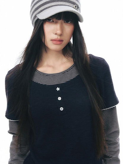 NAPSNAPS Striped Faux Layered Henley Knit Women&