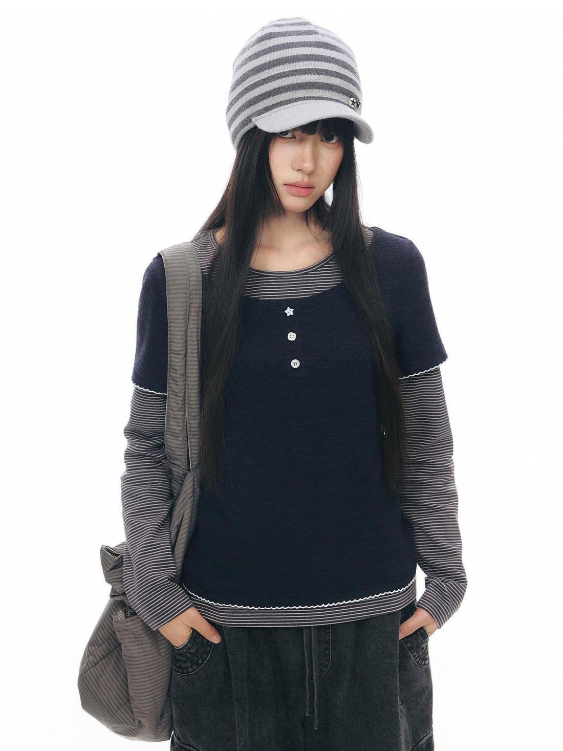 NAPSNAPS Striped Faux Layered Henley Knit Women&