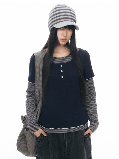 NAPSNAPS Striped Faux Layered Henley Knit Women&