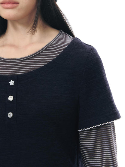 NAPSNAPS Striped Faux Layered Henley Knit Women&