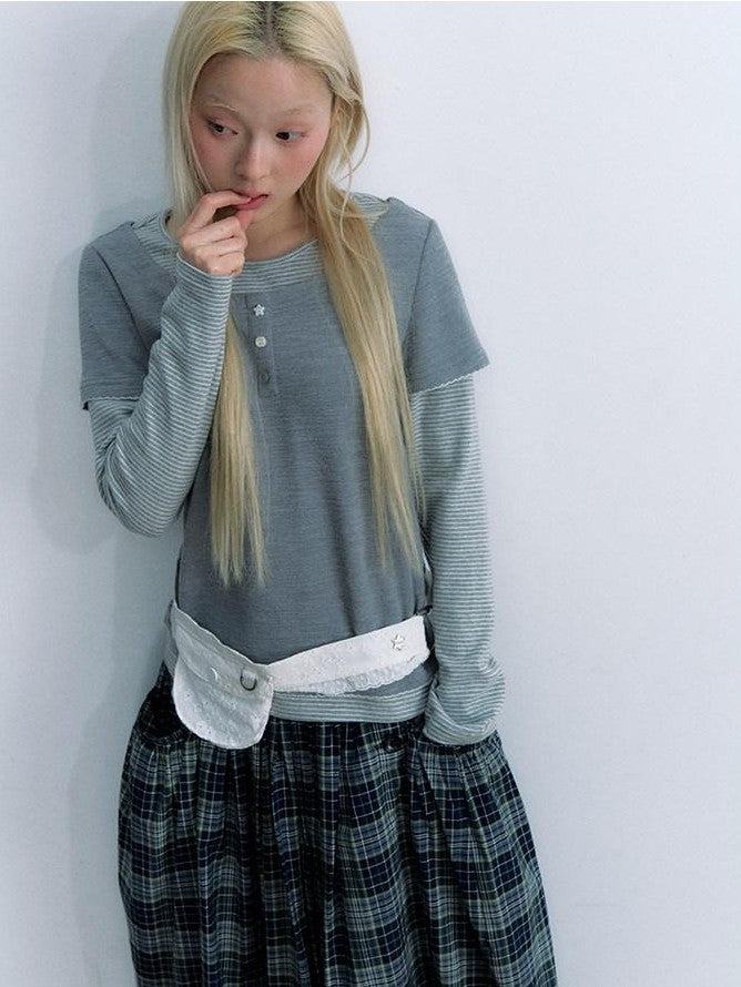 NAPSNAPS Striped Faux Layered Henley Knit Women&