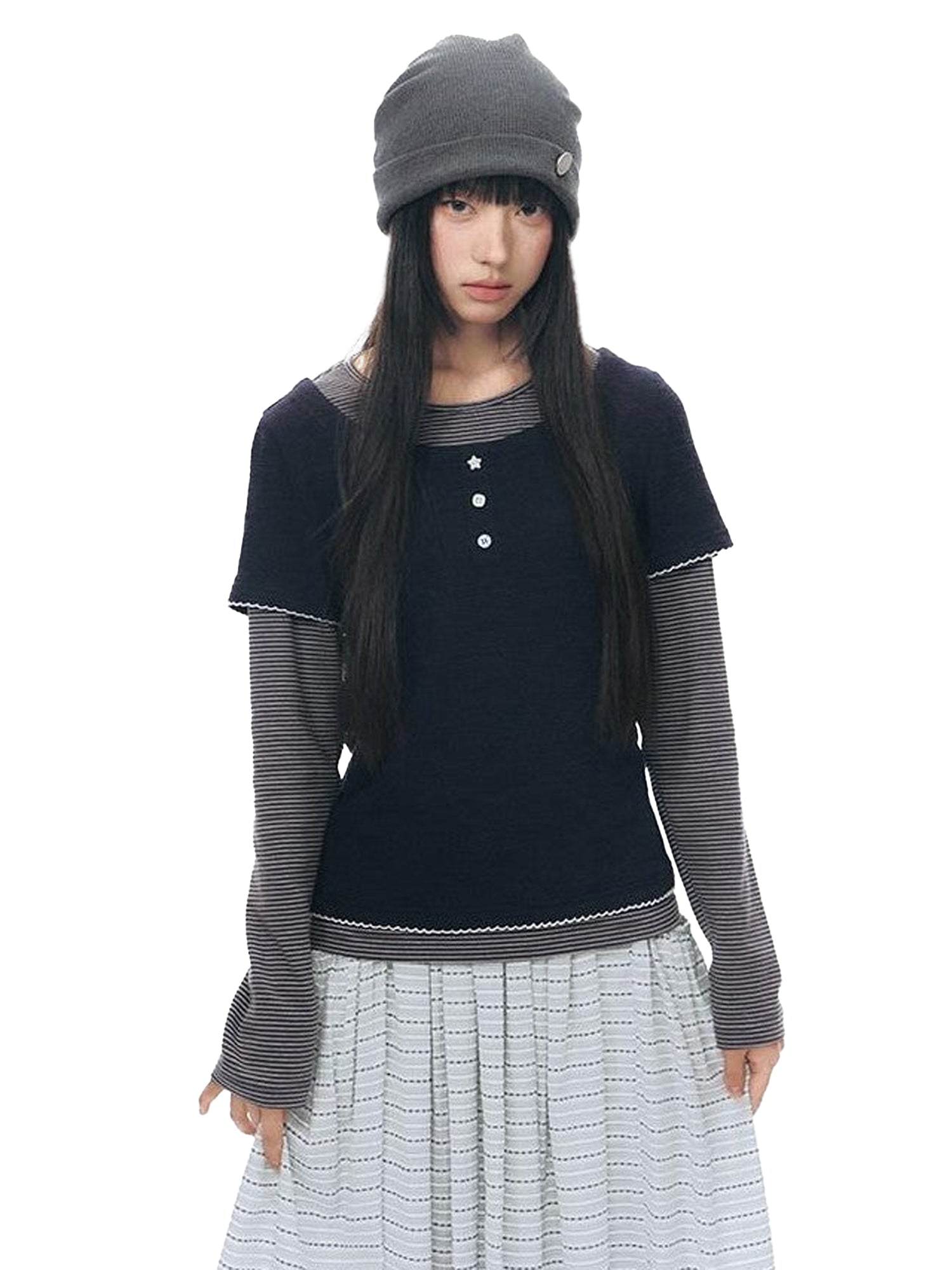 NAPSNAPS Striped Faux Layered Henley Knit Women&