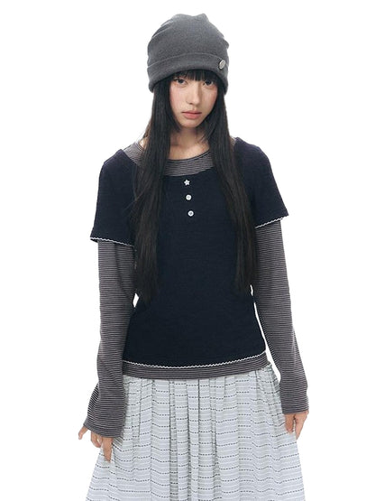NAPSNAPS Striped Faux Layered Henley Knit Women&