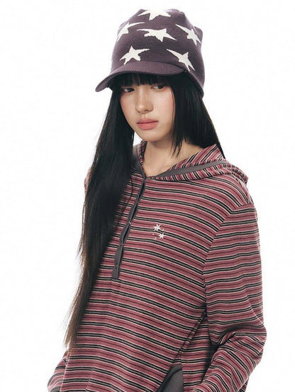 NAPSNAPS Striped Hooded Embroidered Patchwork Women&