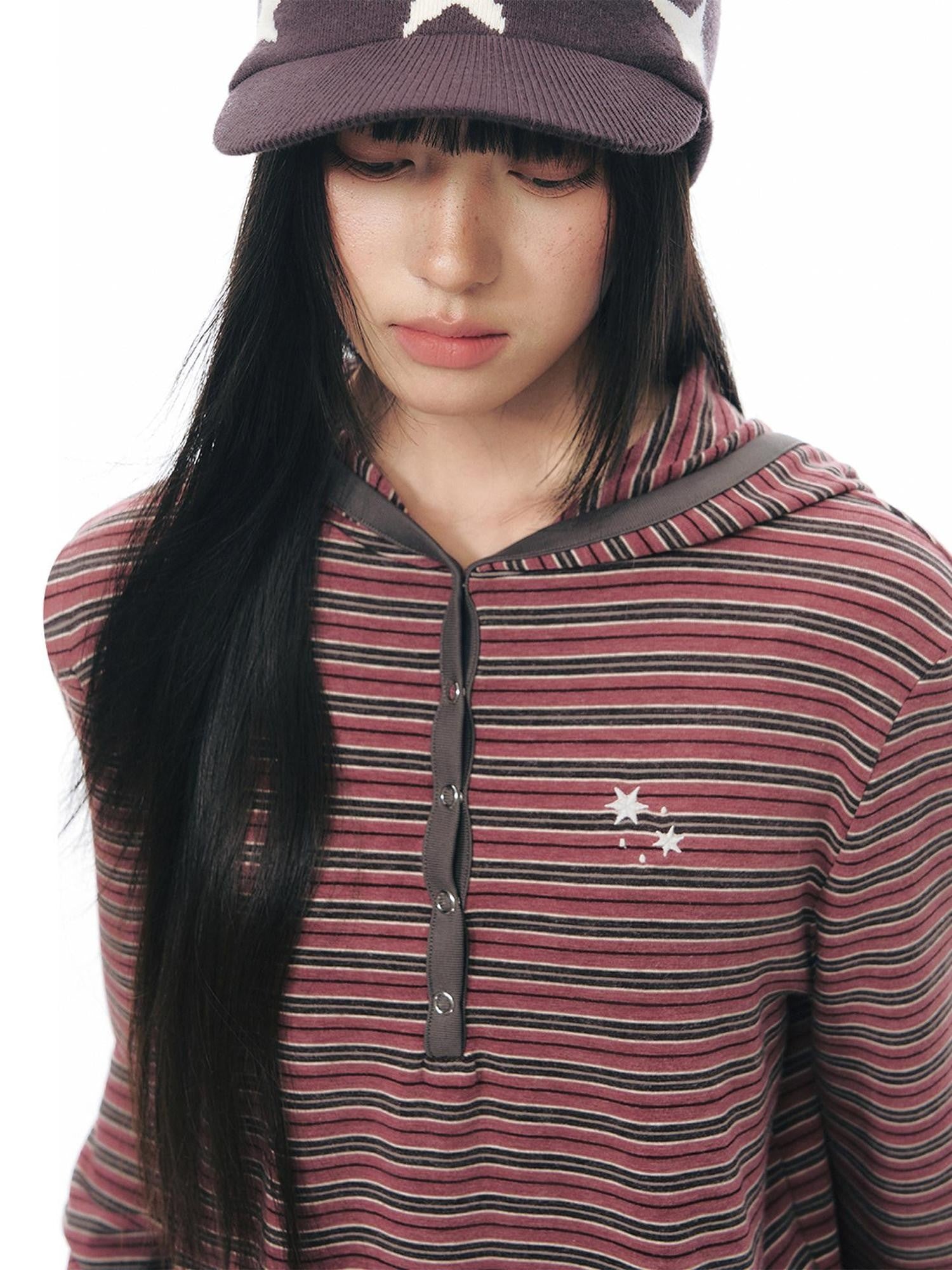 NAPSNAPS Striped Hooded Embroidered Patchwork Women&