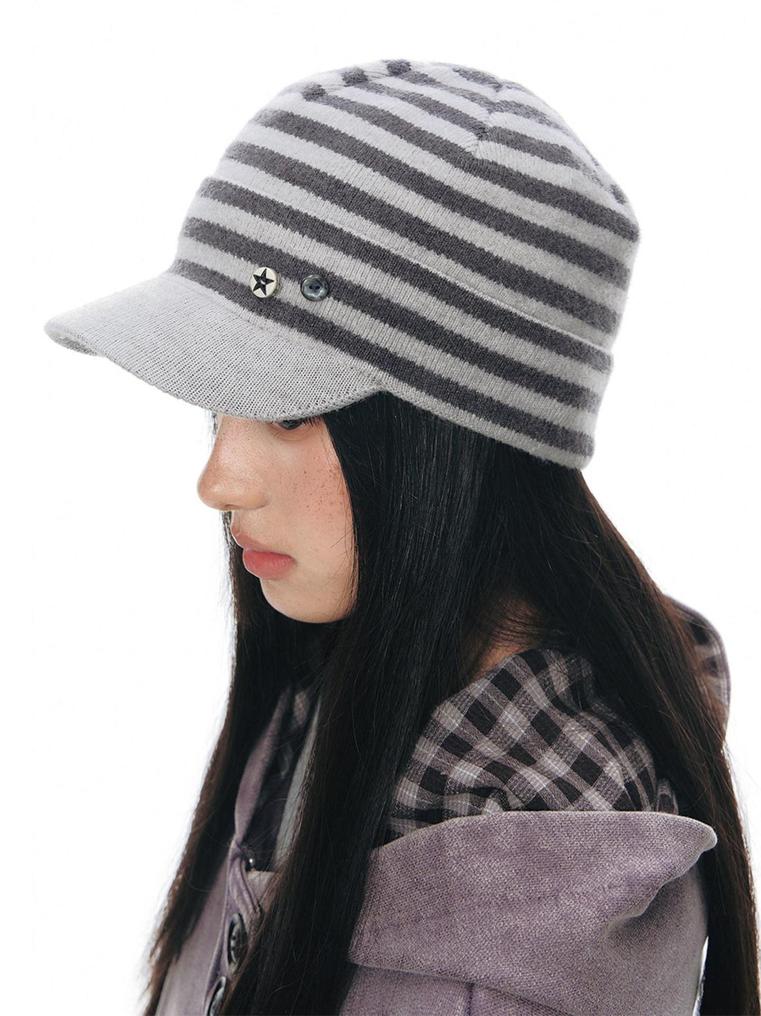 NAPSNAPS Striped Knitted Button Closure Flat Brim Women&