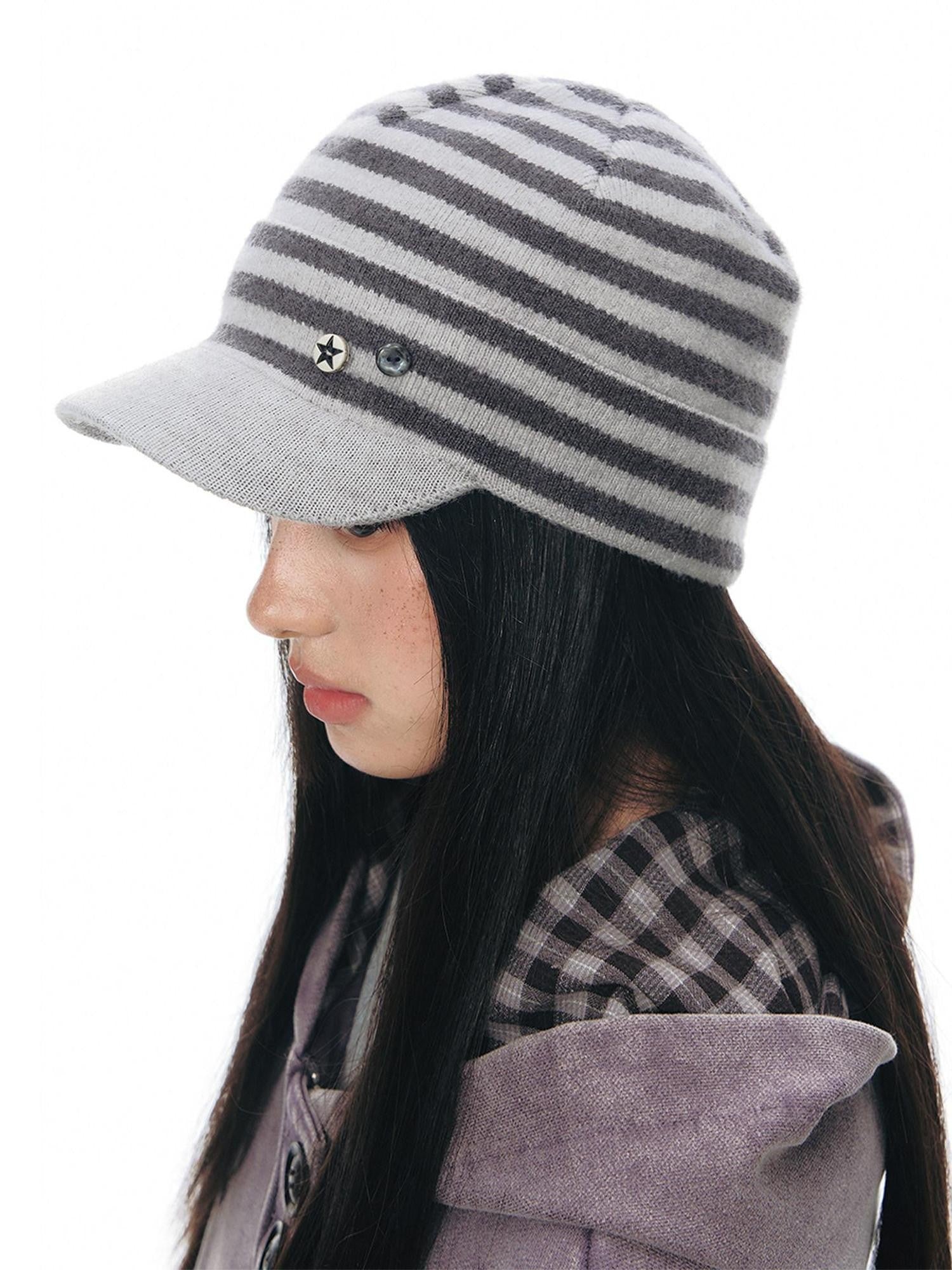 NAPSNAPS Striped Knitted Button Closure Flat Brim Women&