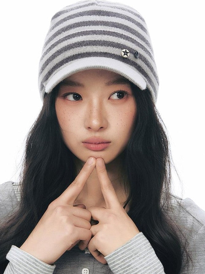 NAPSNAPS Striped Knitted Button Closure Flat Brim Women&