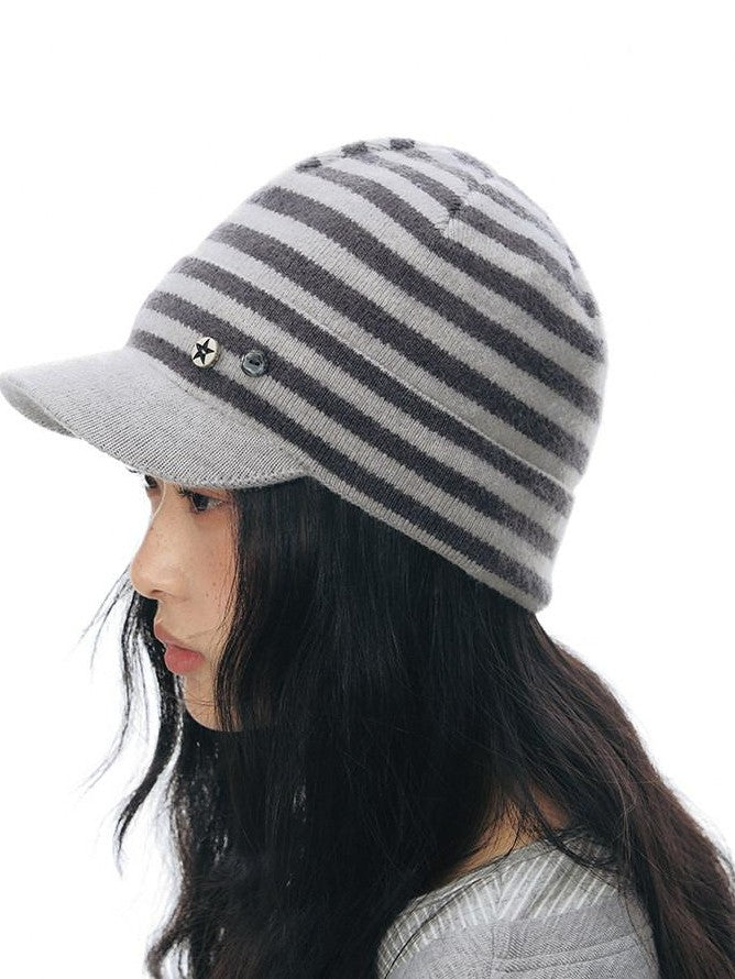 NAPSNAPS Striped Knitted Button Closure Flat Brim Women&