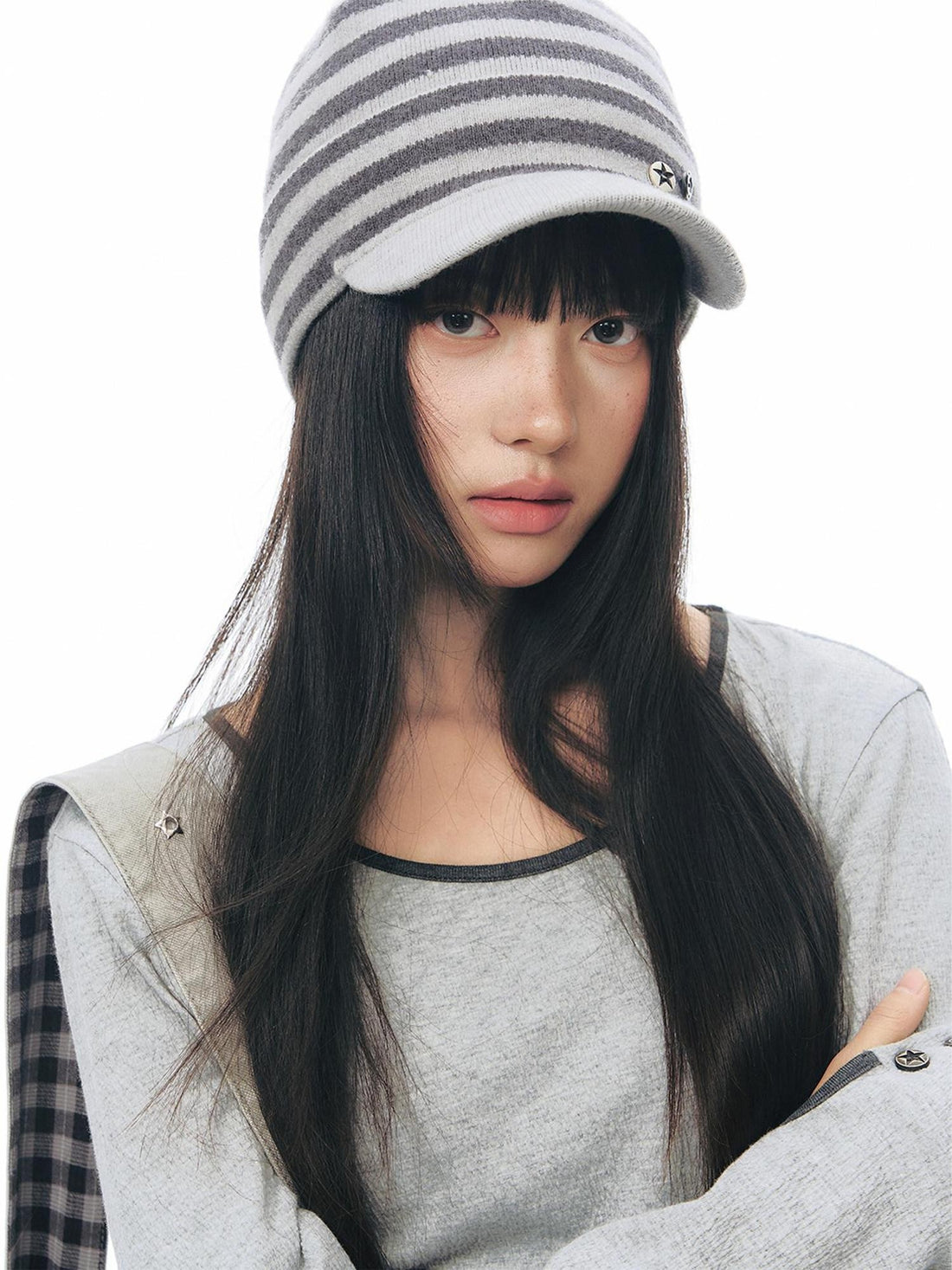 NAPSNAPS Striped Knitted Button Closure Flat Brim Women&