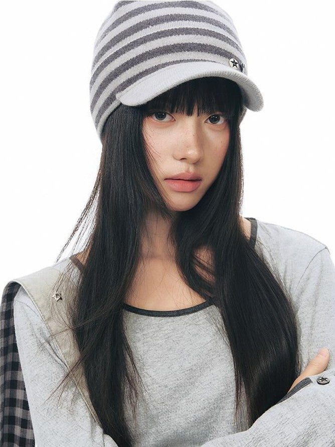 NAPSNAPS Striped Knitted Button Closure Flat Brim Women&
