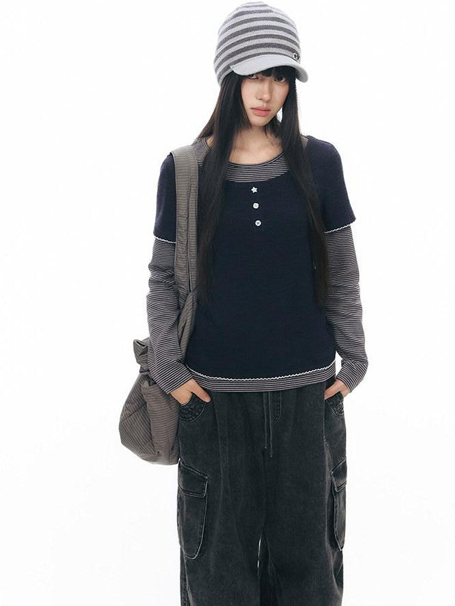 NAPSNAPS Striped Knitted Button Closure Flat Brim Women&