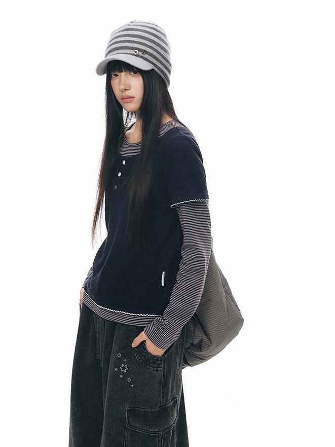 NAPSNAPS Striped Knitted Button Closure Flat Brim Women&