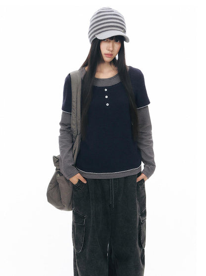 NAPSNAPS Striped Knitted Button Closure Flat Brim Women&