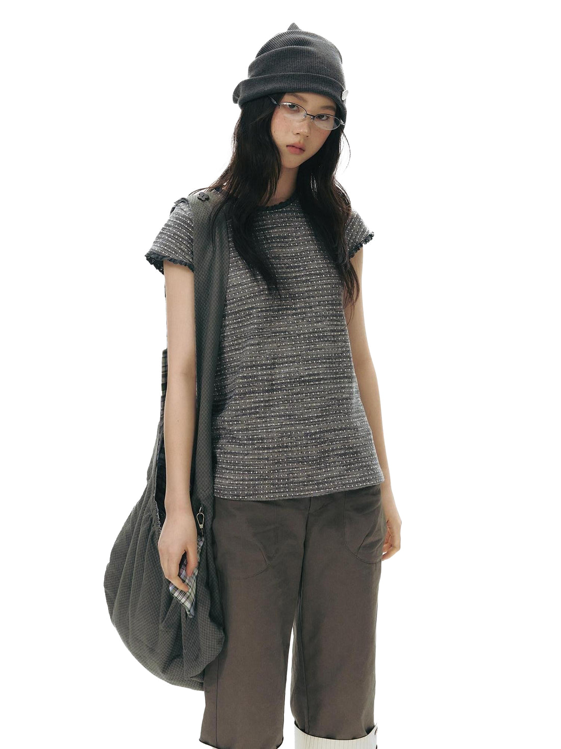 NAPSNAPS Striped Lace Trim Slim Waist Flutter Sleeve Women&