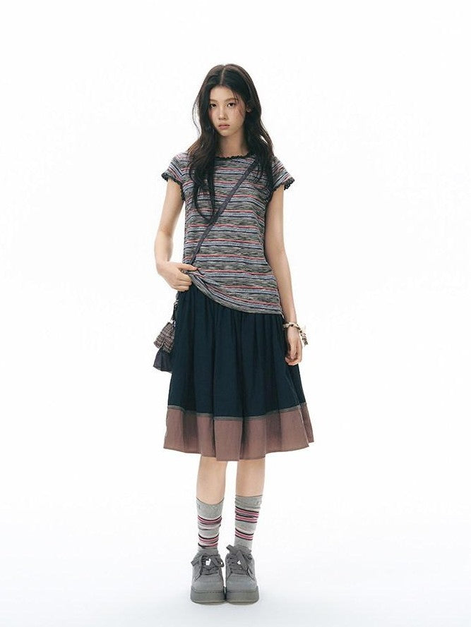 NAPSNAPS Striped Lace Trim Slim Waist Flutter Sleeve Women&