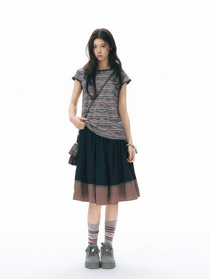 NAPSNAPS Striped Lace Trim Slim Waist Flutter Sleeve Women&