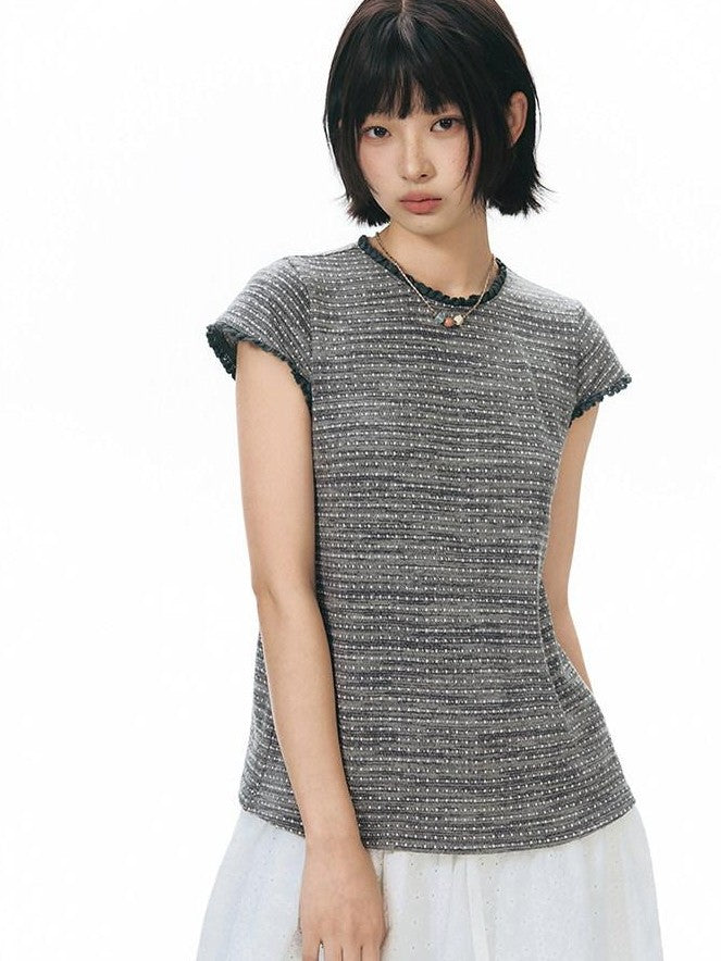 NAPSNAPS Striped Lace Trim Slim Waist Flutter Sleeve Women&