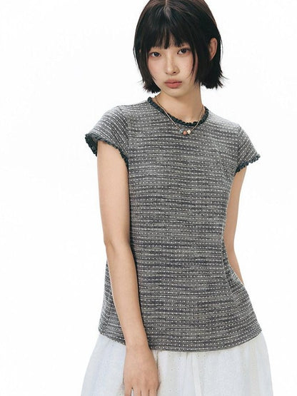 NAPSNAPS Striped Lace Trim Slim Waist Flutter Sleeve Women&