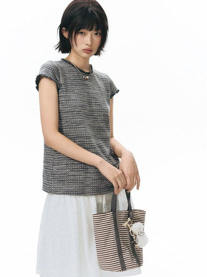 NAPSNAPS Striped Lace Trim Slim Waist Flutter Sleeve Women&