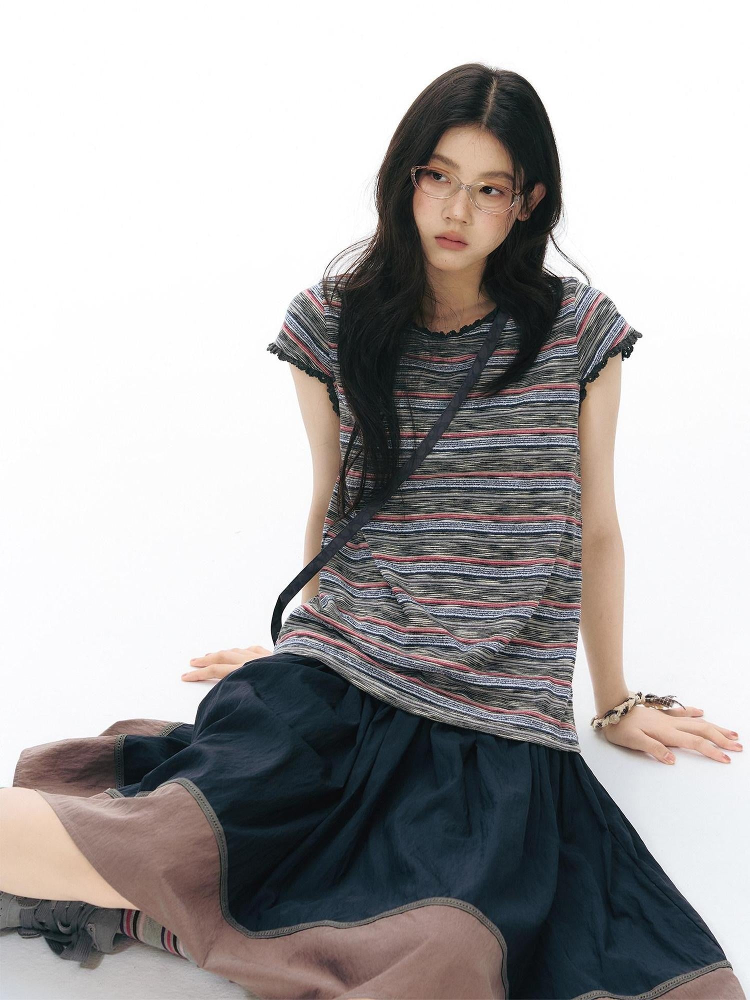 NAPSNAPS Striped Lace Trim Slim Waist Flutter Sleeve Women&