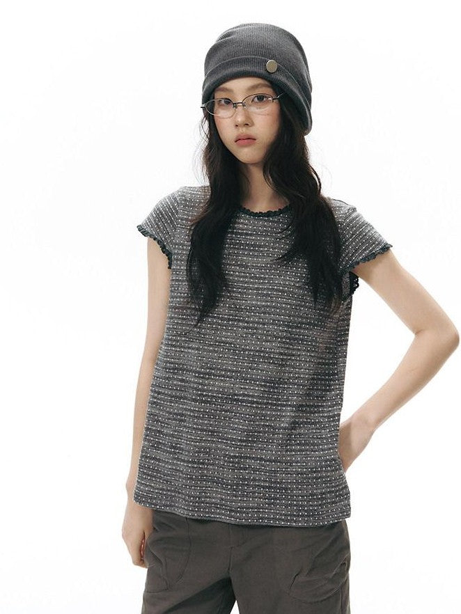 NAPSNAPS Striped Lace Trim Slim Waist Flutter Sleeve Women&