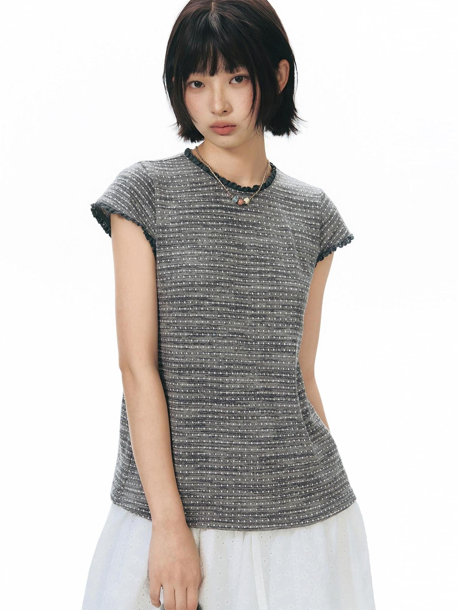 NAPSNAPS Striped Lace Trim Slim Waist Flutter Sleeve Women&