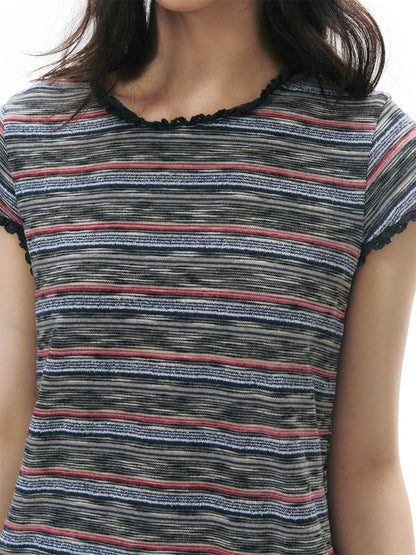 NAPSNAPS Striped Lace Trim Slim Waist Flutter Sleeve Women&