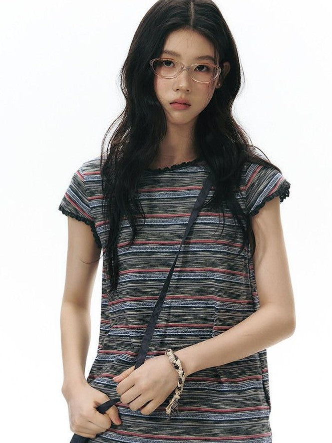 NAPSNAPS Striped Lace Trim Slim Waist Flutter Sleeve Women&