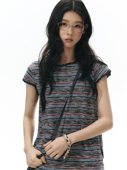 NAPSNAPS Striped Lace Trim Slim Waist Flutter Sleeve Women&