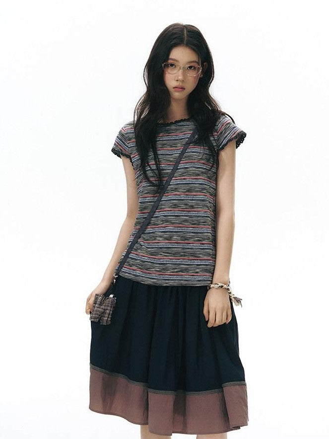 NAPSNAPS Striped Lace Trim Slim Waist Flutter Sleeve Women&