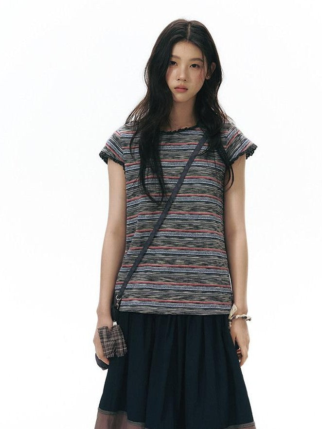 NAPSNAPS Striped Lace Trim Slim Waist Flutter Sleeve Women&