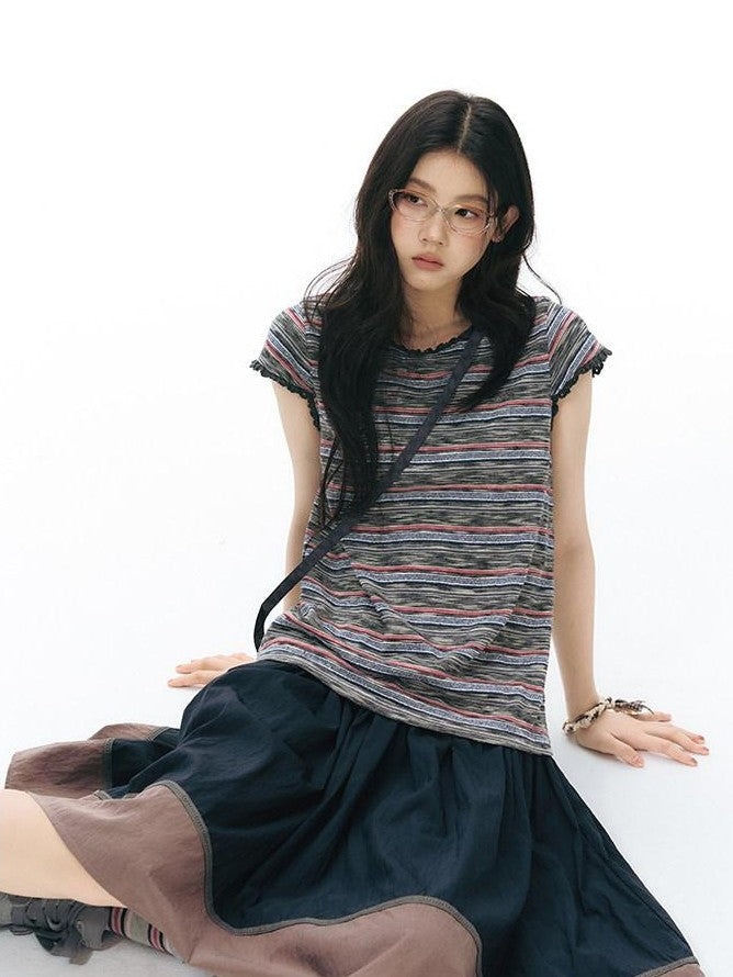 NAPSNAPS Striped Lace Trim Slim Waist Flutter Sleeve Women&