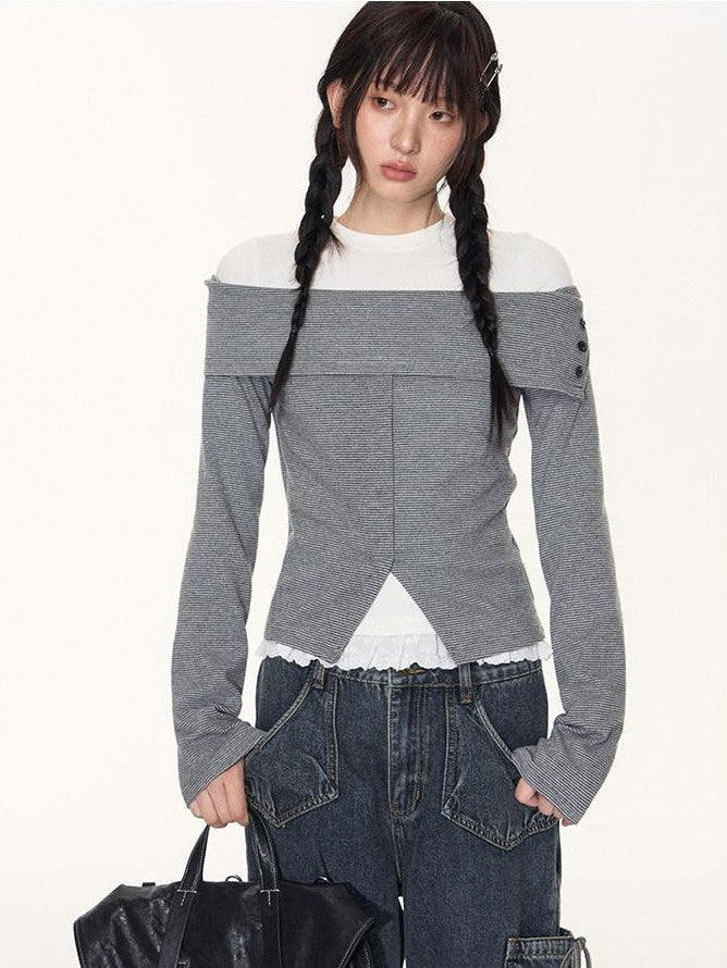 NAPSNAPS Striped One Shoulder Spliced Embroidery Women&
