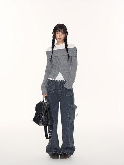 NAPSNAPS Striped One Shoulder Spliced Embroidery Women&