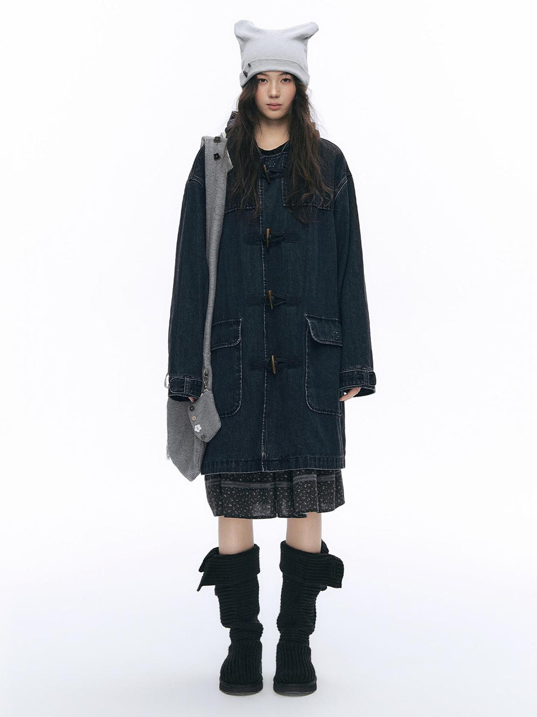 NAPSNAPS Striped Patchwork Horn Button Hooded Long Sleeve Women&
