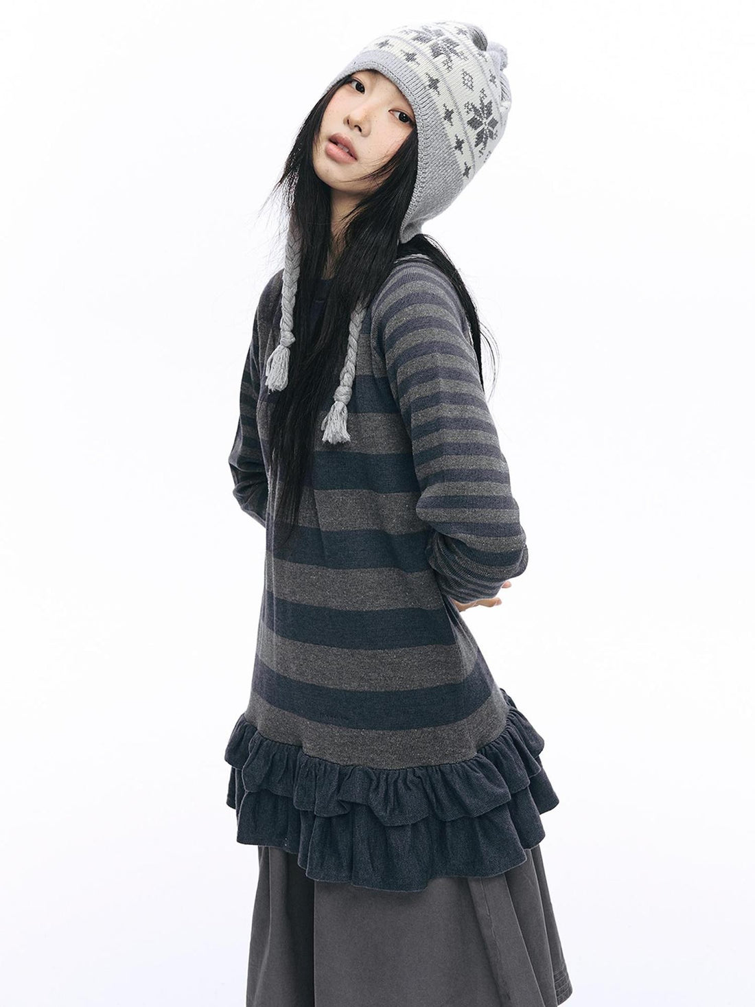 NAPSNAPS Striped Ruffle Hem Raglan Sleeve Knit Women&