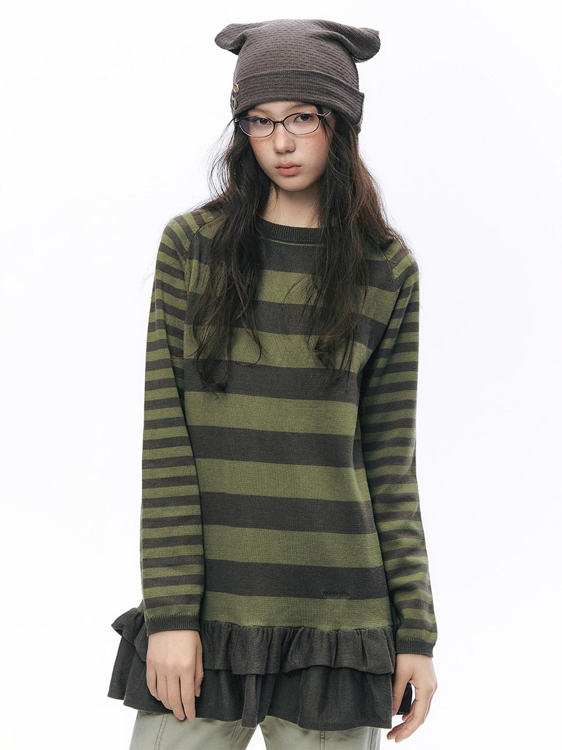 NAPSNAPS Striped Ruffle Hem Raglan Sleeve Knit Women&