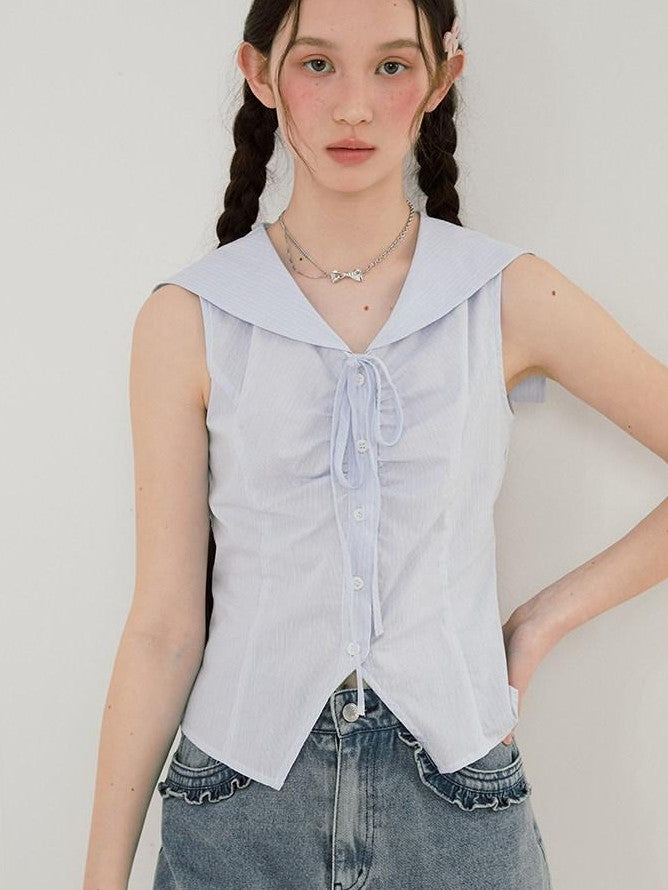 NAPSNAPS Striped Sailor Collar Shirred Waist Women&