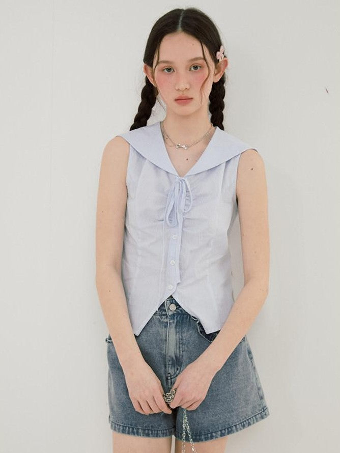 NAPSNAPS Striped Sailor Collar Shirred Waist Women&