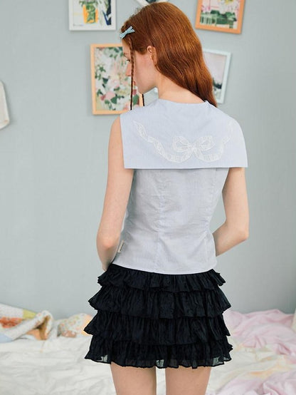 NAPSNAPS Striped Sailor Collar Shirred Waist Women&