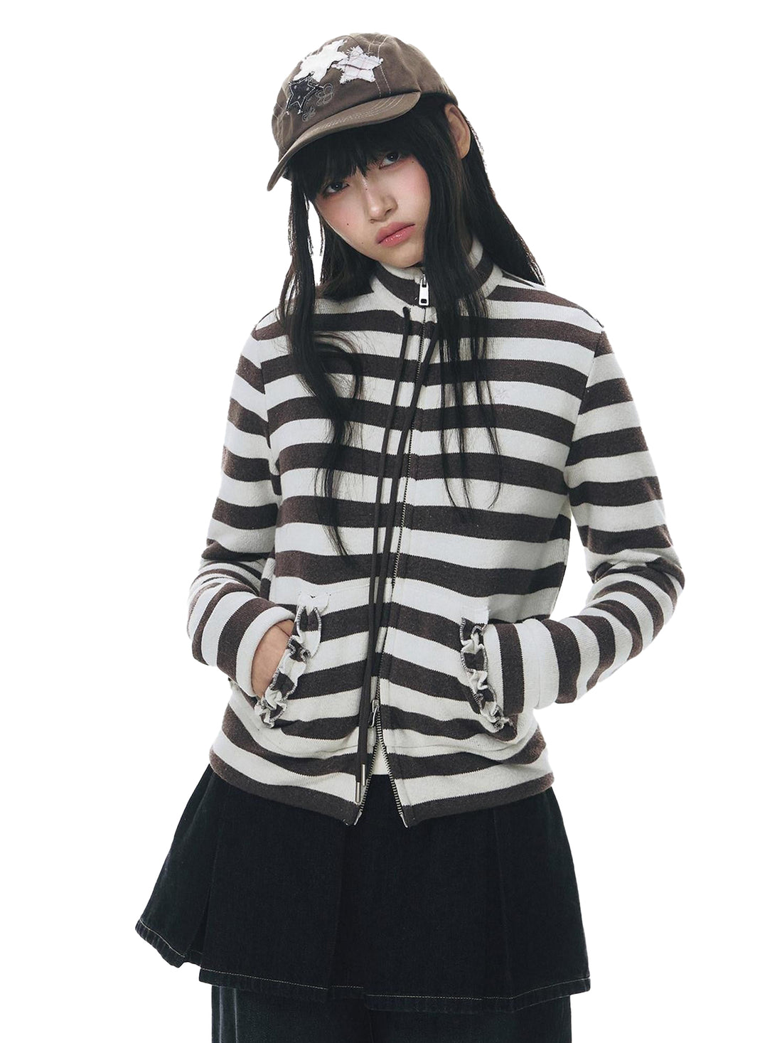 NAPSNAPS Striped Stand Collar Ruffle Zip Women&