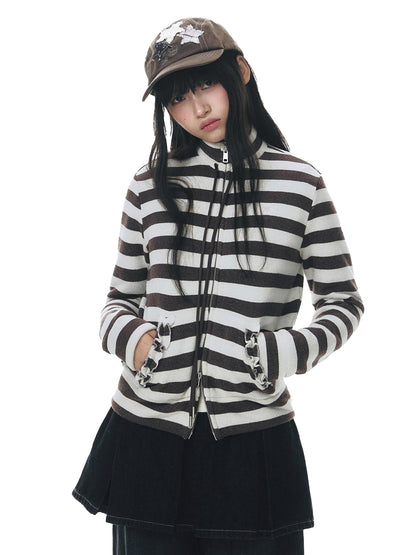 NAPSNAPS Striped Stand Collar Ruffle Zip Women&