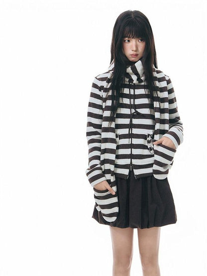 NAPSNAPS Striped Stand Collar Ruffle Zip Women&