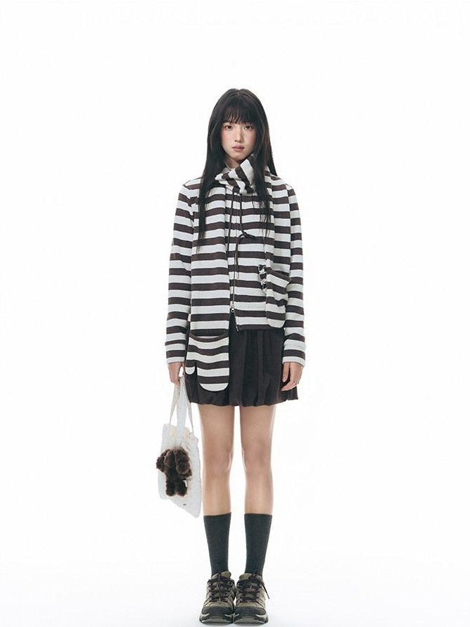 NAPSNAPS Striped Stand Collar Ruffle Zip Women&