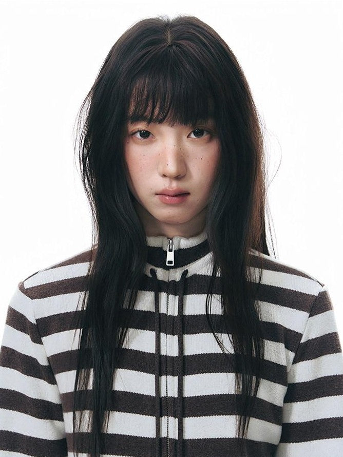 NAPSNAPS Striped Stand Collar Ruffle Zip Women&