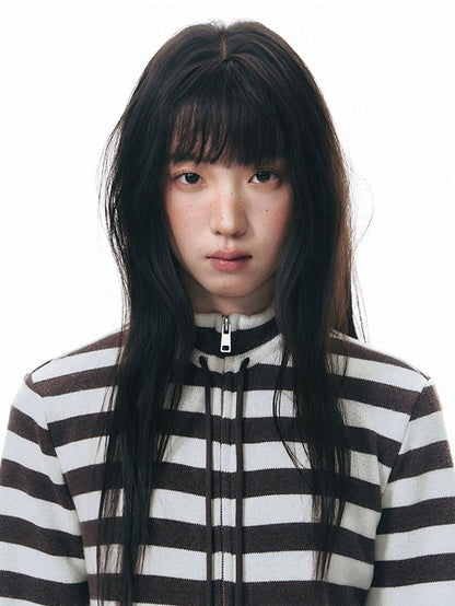 NAPSNAPS Striped Stand Collar Ruffle Zip Women&