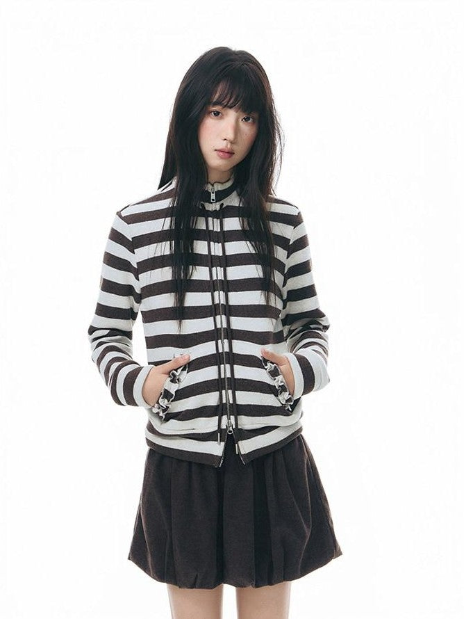 NAPSNAPS Striped Stand Collar Ruffle Zip Women&