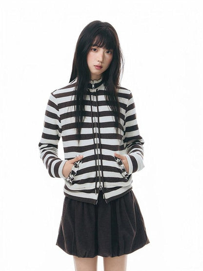 NAPSNAPS Striped Stand Collar Ruffle Zip Women&